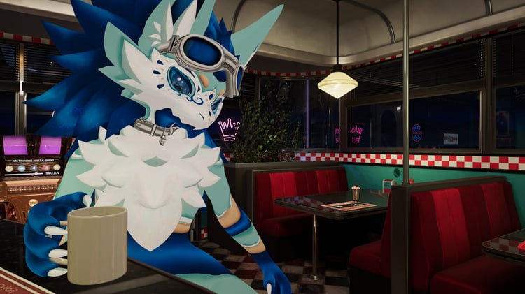 Blueberry varient sitting at a counter at a diner