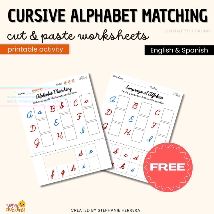 Cursive alphabet matching cut and paste worksheets in English and Spanish