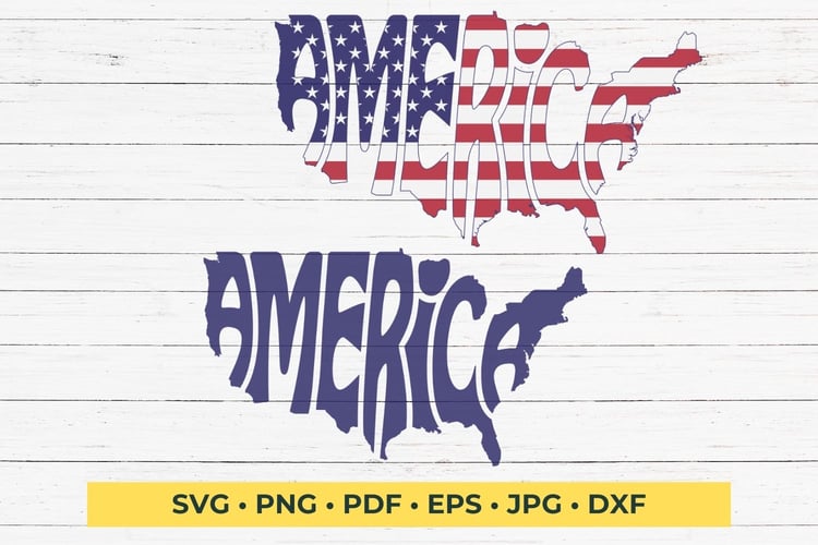 This patriotic design features the word America creatively arranged within the silhouette of the United States.