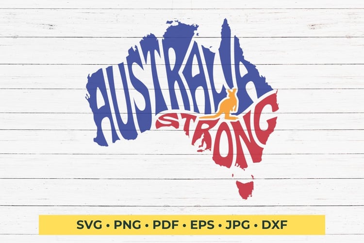 This design features the words Australia Strong, creatively made into the silhouette of Australia.