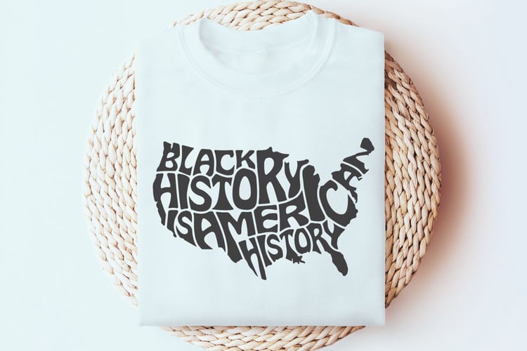 This design features the words Black History is American History creatively arranged within the silhouette of the United States.