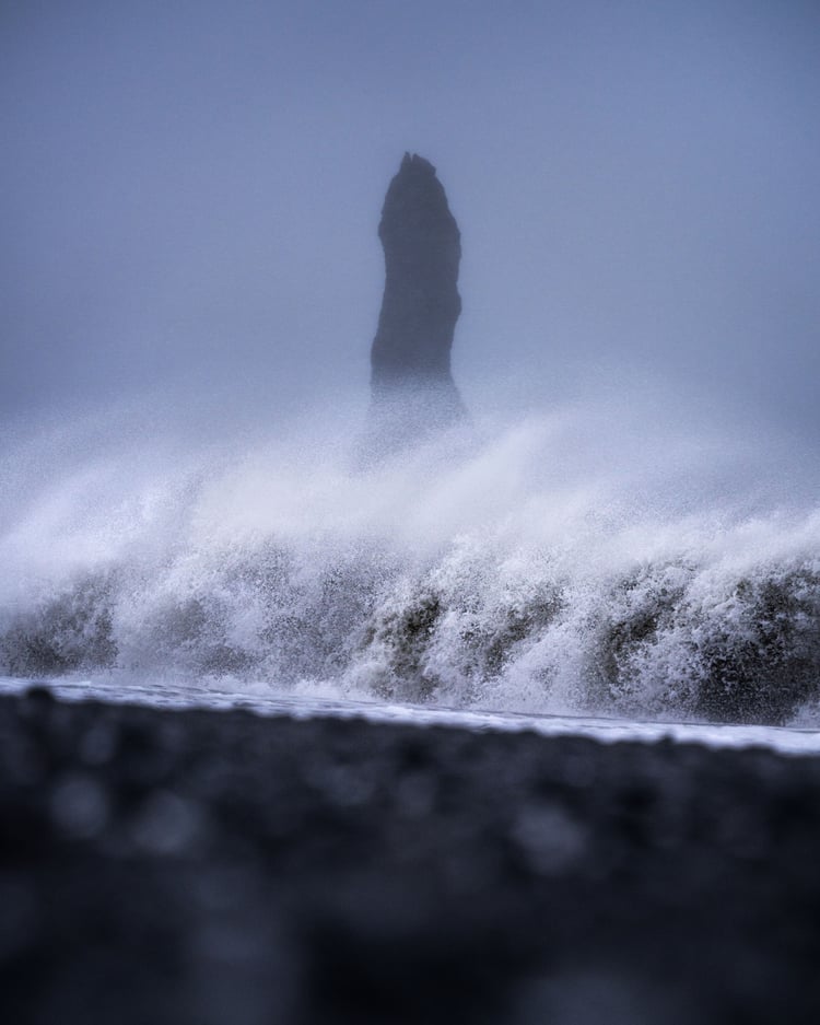 Reynisdrangar Reynisfjara black beach sea stack storm wave wind blizzard