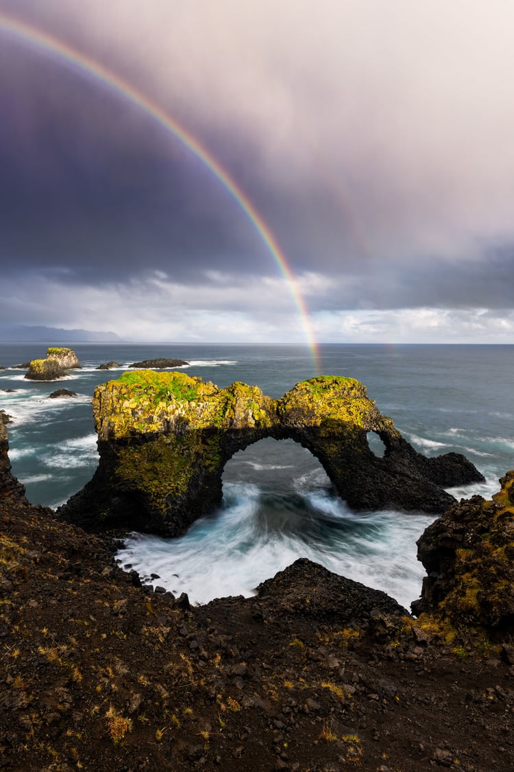 Iceland Gatklettur seastack long exposure rainbow snæfellsnes