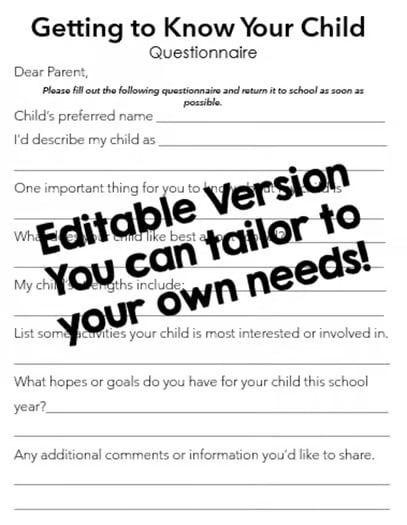 Editable Questionnaire for Parents - Getting to Know Your Child - Back to School