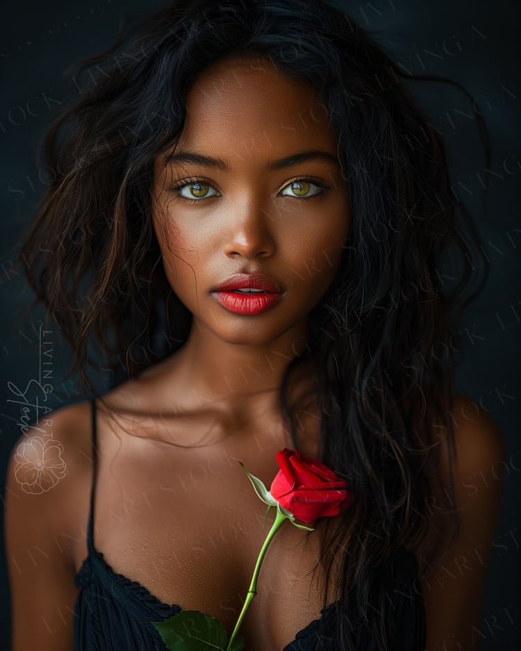 Beautiful young black woman with green eyes holdeing a red rose. Editorial style portrsit with dark background. Great photo for book covers and social media reel sized posts
