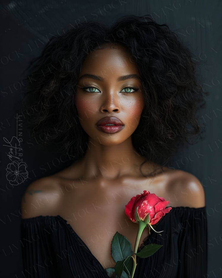 Dark skin Black woman with green eyes holding a red rose. Editorial style photo with dark background