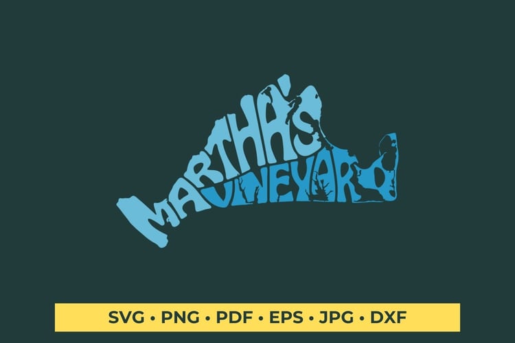 This design features the words Martha's Vineyard creatively arranged within the shape of the insula.