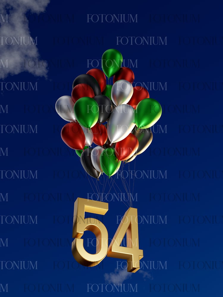 UAEs 54th National Day Celebration with Balloons Taking off No. 54, 3D Illustration Render