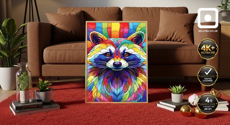 Abstract Mosaic Raccoon Pop Art Digital Portrait – Cozy Living Room Setup