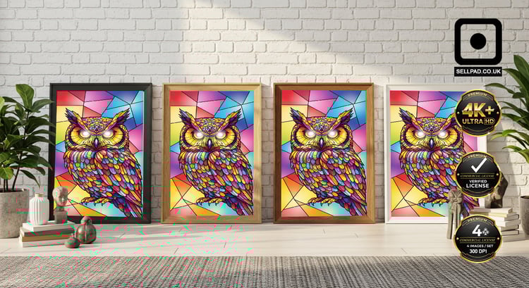Colorful Mosaic Owl Digital Folk Pop Art – Framed Artwork Composition