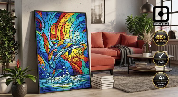 Mosaic Dolphin Abstract Pop Art Digital Illustration – Framed Art Display Mockup