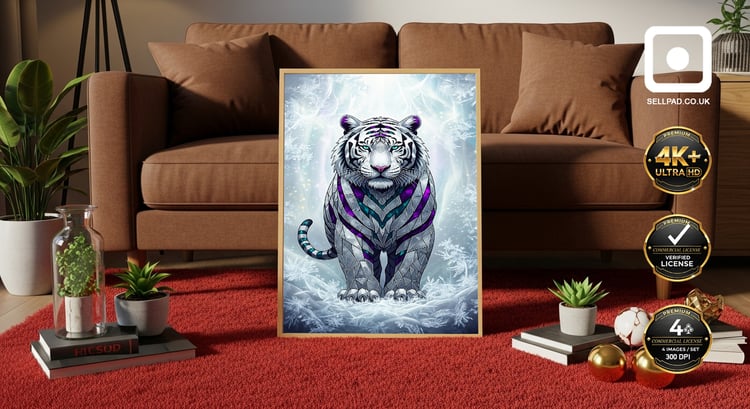 Mosaic Mythical White Tiger Abstract Fantasy Digital Poster – Framed Poster on Wall