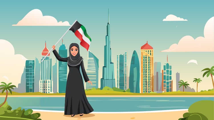 Emirati Woman Holding UAE Flag Dubai Skyline National Day Celebration - Vector Illustration