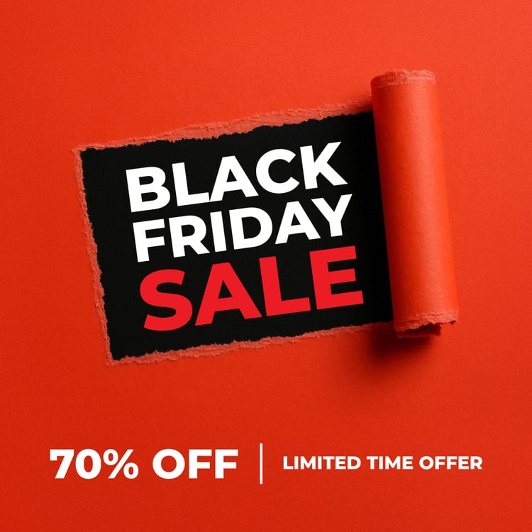 Black Friday Sale promotional banner featuring bold text on black background revealed through torn red paper.