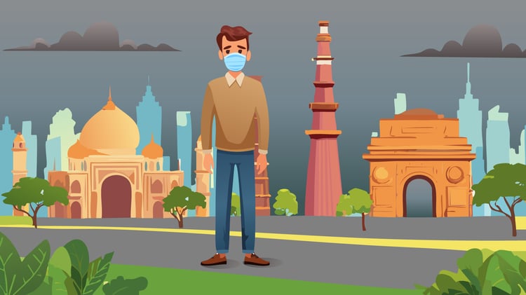 Man Wearing Face Mask Against Air Pollution in Delhi India with Iconic Landmarks - Vector Illustration Free Download