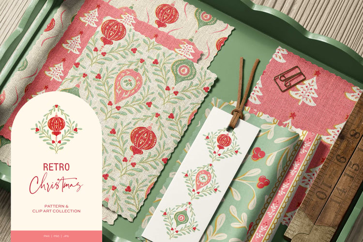 Hand drawn surface patterns featuring vintage ornaments, Christmas trees, berries, and leaves in a red, pink, and green color palette
