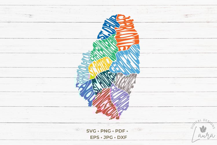 This design features the words ST. ANDREW, ST. DAVID, ST. GEORGE, ST. PATRICK, CHARLOTTE, GEORGETOWN, KINGSTOWN, LAYOU, BARROUALLIE, CHATEAUBELAIR, CALLIAQUA creatively made in the shape of Saint Vincent island.
