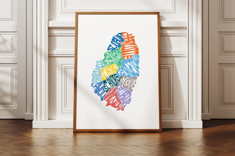 This design features the words ST. ANDREW, ST. DAVID, ST. GEORGE, ST. PATRICK, CHARLOTTE, GEORGETOWN, KINGSTOWN, LAYOU, BARROUALLIE, CHATEAUBELAIR, CALLIAQUA creatively made in the shape of Saint Vincent island.