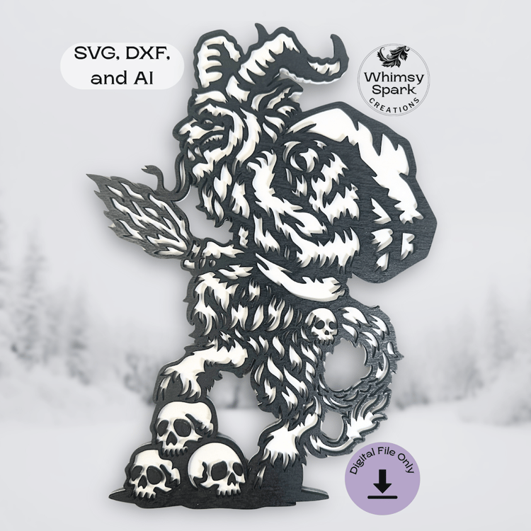 Layered Krampus laser cut file with gothic Christmas design, two-layer black and white SVG for laser cutting and holiday decor.