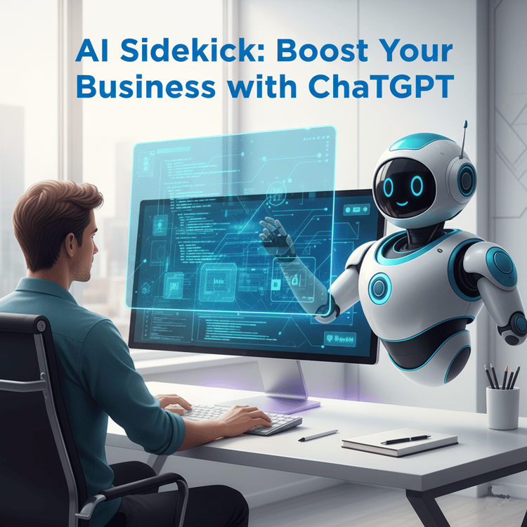 AI Sidekick eBook cover featuring a futuristic robot assistant and freelancer at a digital desk