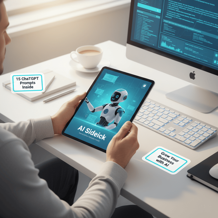 3D tablet mockup displaying AI Sidekick eBook on a clean white desk with tech accessories