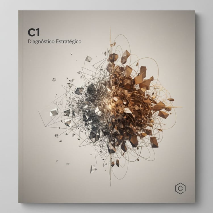 Portada minimalista del servicio C1 Diagnóstico Estratégico, con diseño abstracto que representa claridad emergiendo del caos. Consultoría estratégica para alta dirección.