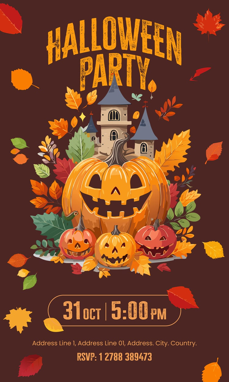 Free Template - Spooky Halloween party invitation template featuring carved pumpkins, haunted house, bats, full moon, and autumn leaves, set against a dark blue background.