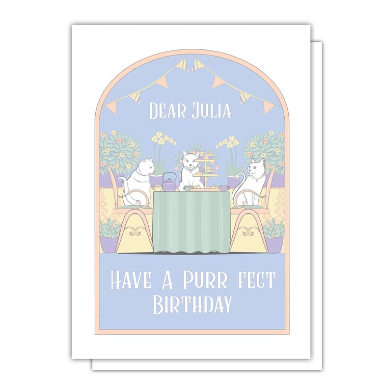 Personalised cat birthday card featuring a whimsical tea-party scene.