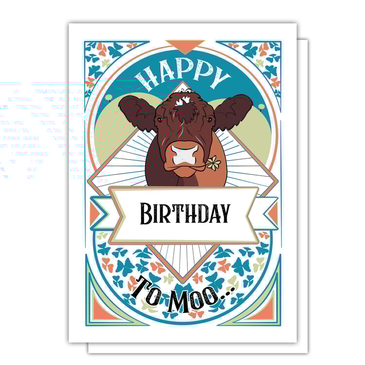 Funny cow birthday card with a playful “Happy Birthday To Moo” design