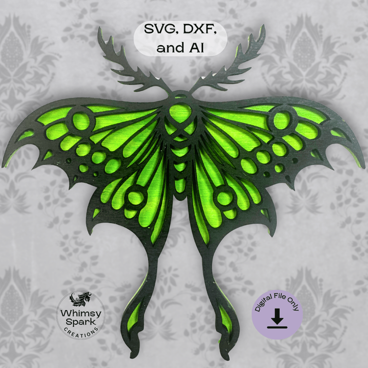 Layered Luna Moth laser cut SVG in green and black with gothic insect design, suitable for Glowforge and xTool laser cutting