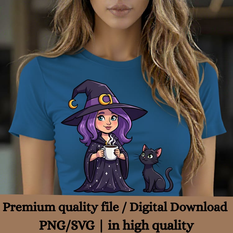 Witch with cat, witch art, witch with coffee, magic clipart, witch svg, Halloween png, witch illustration, autumn design, sublimation, vinyl cut, cricut, instant download, digital resource, commercial use, transparent background, modern witch, mysticism,