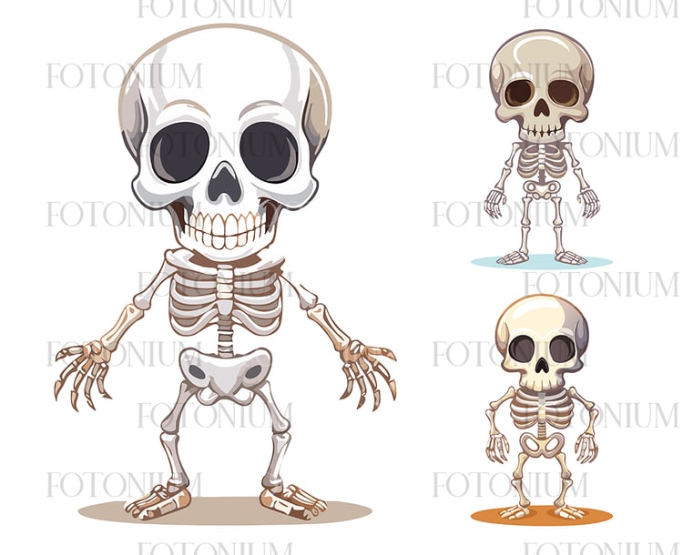 Cartoon Skeleton Character Set – Cute and Funny Human Skeleton Illustrations for Halloween and Kids