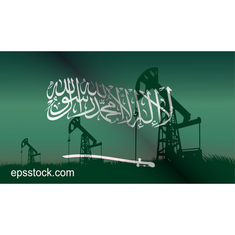 oil production in Saudi Arabia, oil pump on the background of the Saudi Arabia flag