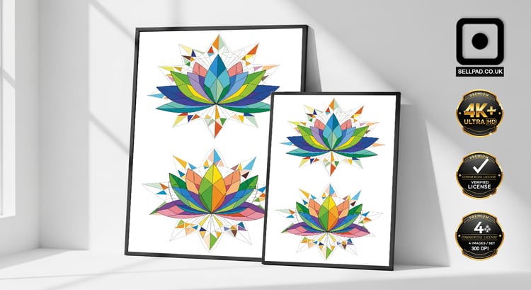 Abstract Lotus Bloom with Geometric Mosaic Design – Framed Artwork Composition