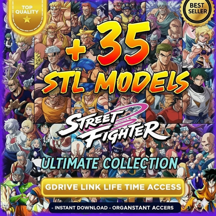 Street Fighter STL Bundle – 35+ 3D printable models of Ryu, Chun-Li, and Ken from the Street Fighter series – Lifetime Google Drive access.