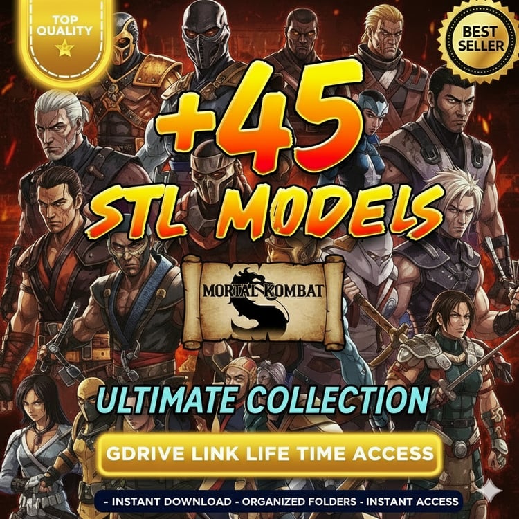 Mortal Kombat STL Bundle – 45+ 3D printable fighter models including Scorpion and Sub-Zero – Lifetime Drive Access.