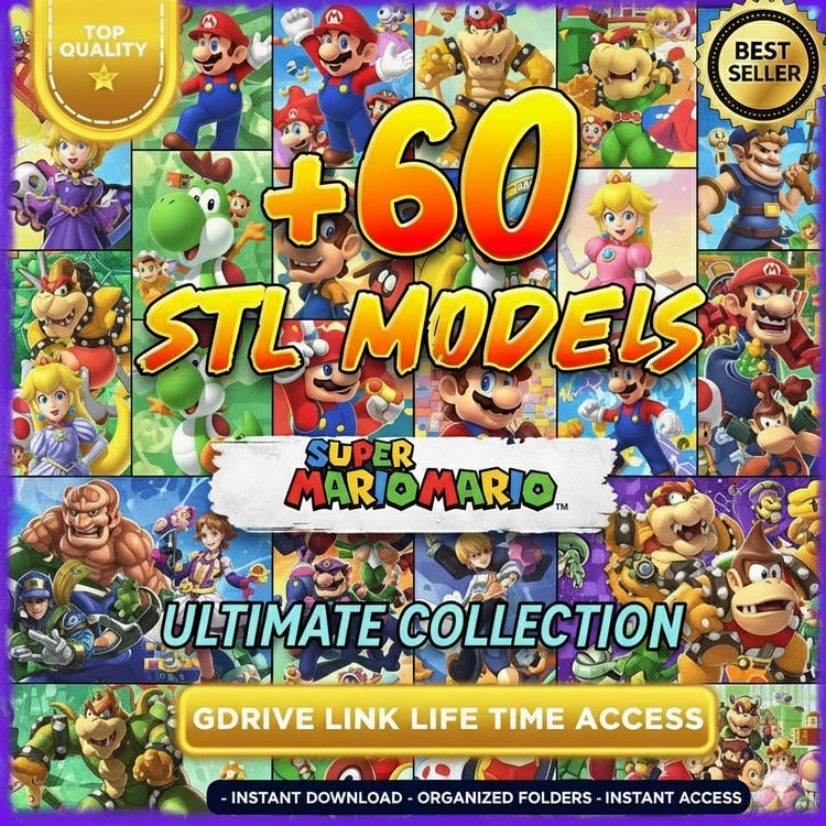 Super Mario STL Bundle – 60+ printable Nintendo character models including Mario, Luigi, and Bowser – Lifetime Drive Access.