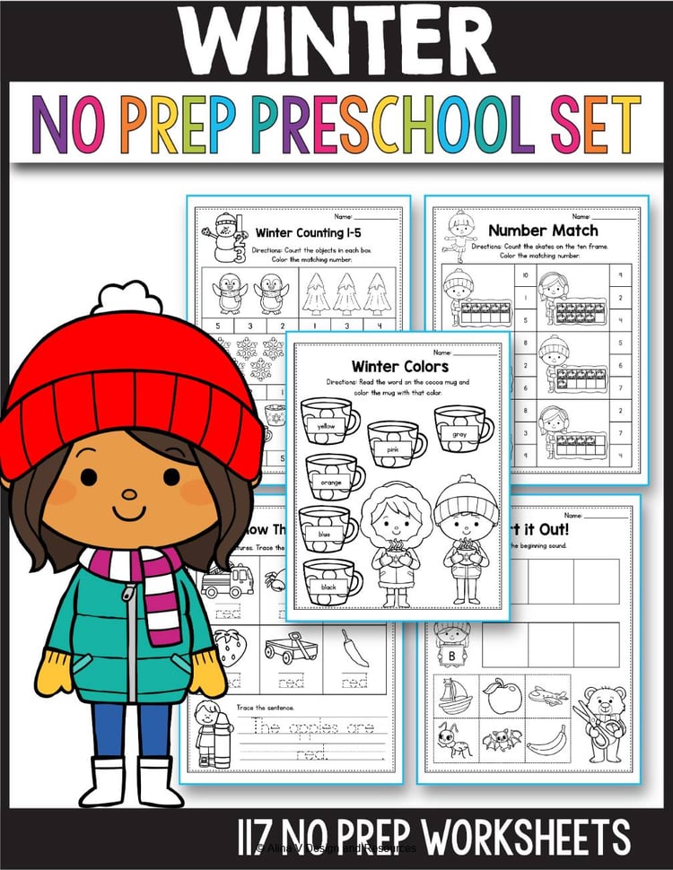 Snow Day Packet Winter Color Math Activities Worksheets Preschool Kindergarten