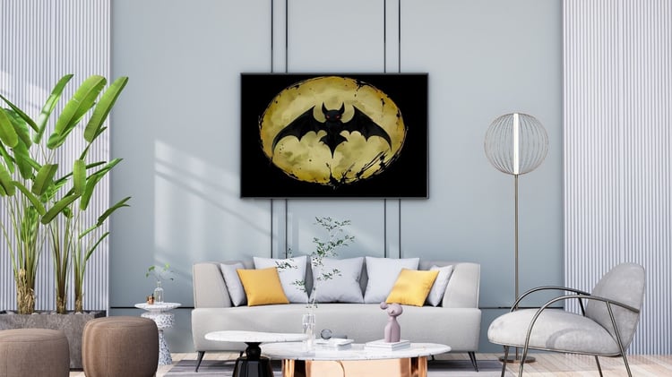 Dark gothic illustration of a black bat with glowing red eyes flying in front of a full yellow moon. The moon has a grungy, splattered texture with black edges, creating a spooky Halloween or fantasy night theme. Perfect for gothic art prints, Halloween d