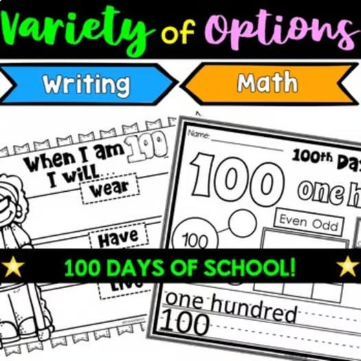 100th Day of School Activities | No-Prep Printable Worksheets for K, 1st, 2nd