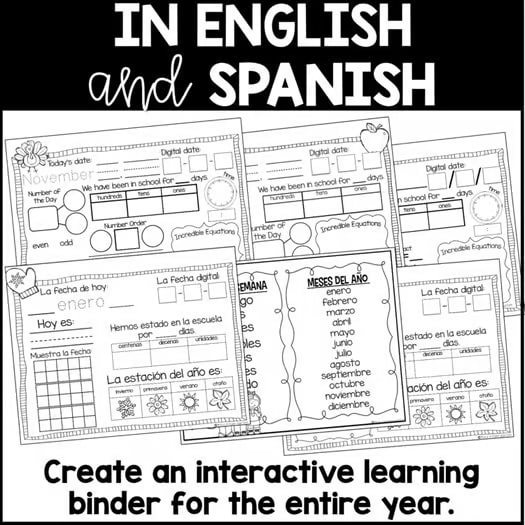 Calendar Time Math Interactive Notebooks for Kindergarten First Grade & Spanish