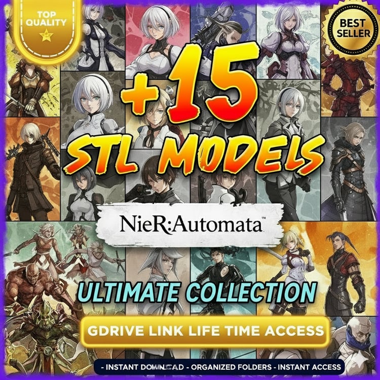 Nier Automata STL Bundle – 15+ 3D printable models including 2B and 9S – Lifetime Drive Access.