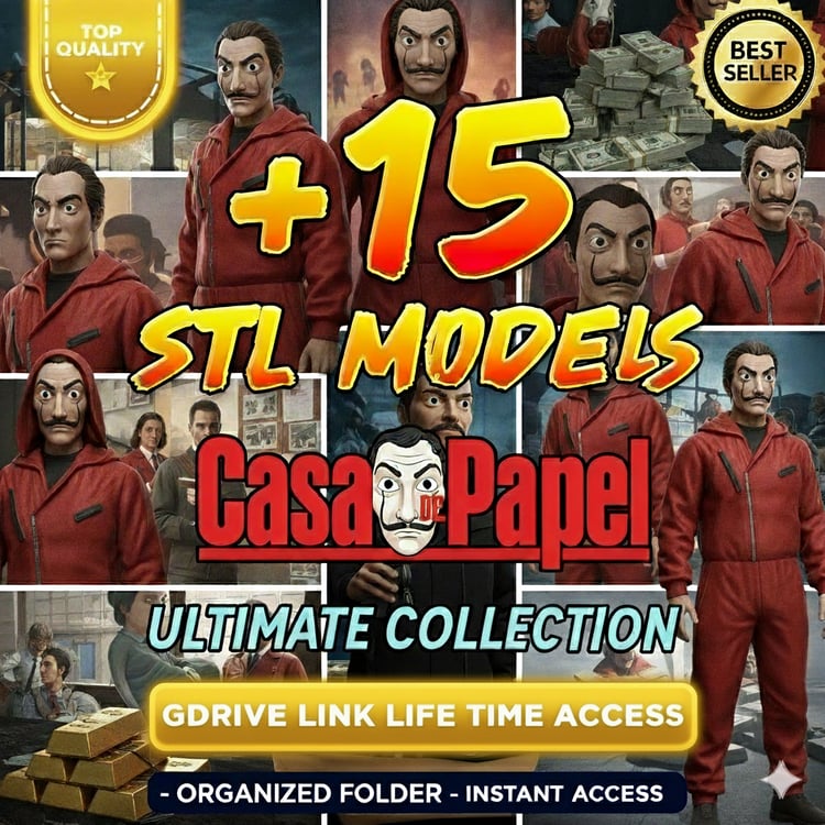 Casa De Papel STL Bundle – 15+ 3D printable masks, props and busts – Lifetime Google Drive access.