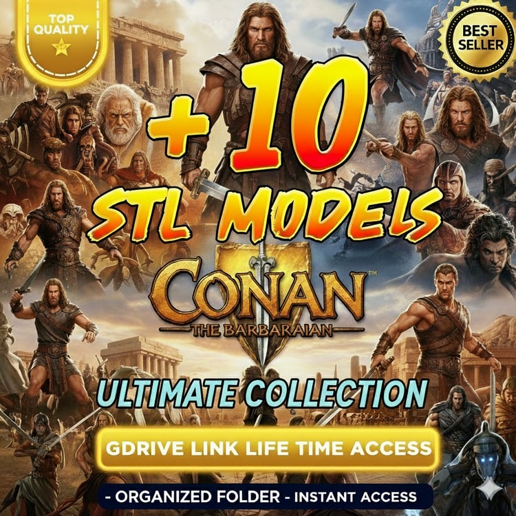 Conan The Barbarian STL Bundle – 10+ STL Models 3D printable models of Conan, swords and diorama parts – Lifetime Google Drive access.