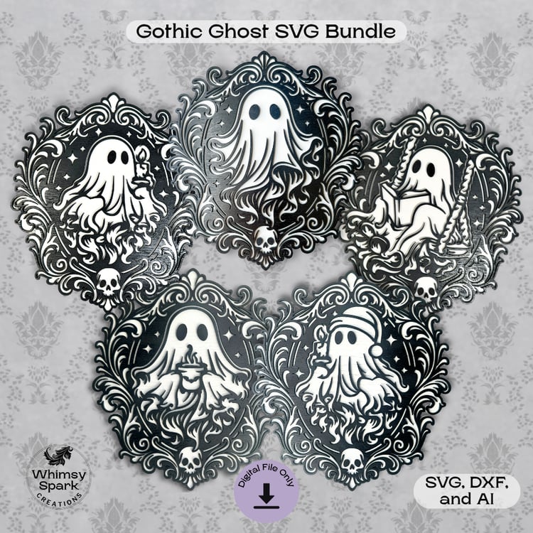 Set of five gothic ghost laser-cut designs framed in ornate baroque patterns — spooky elegant decor for haunted homes and dark academia fans.
