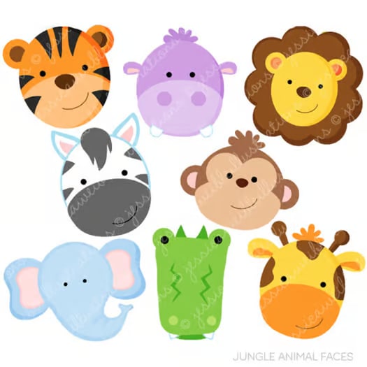 Jungle Animal Faces Cute Digital Clipart, Jungle Clip Art