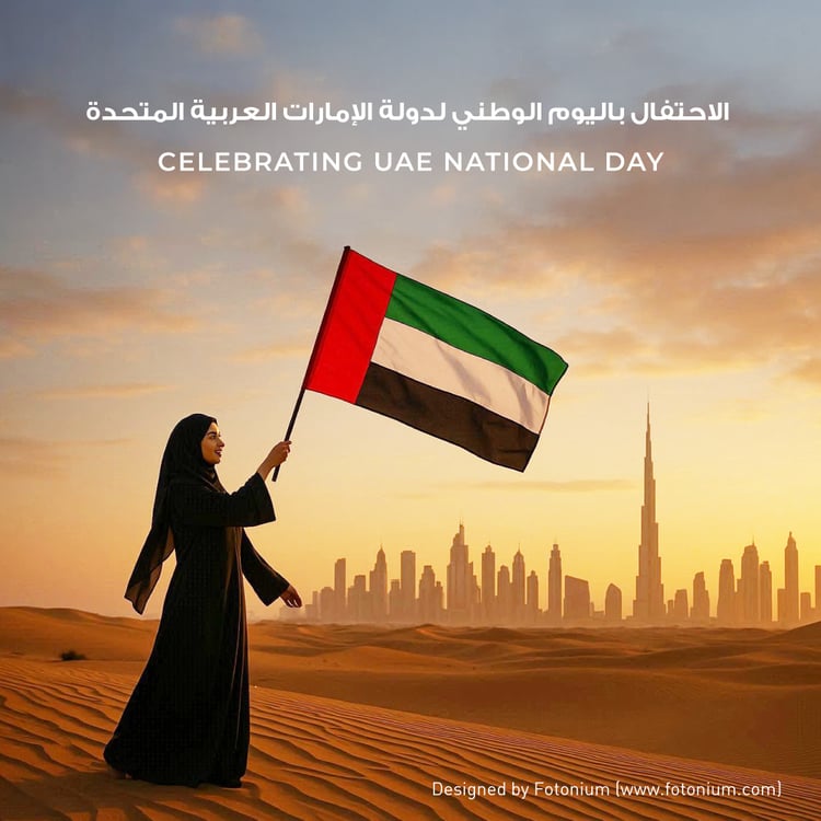 Free Template - Celebrating UAE National Day – Woman with UAE Flag in Dubai Desert at Sunrise
