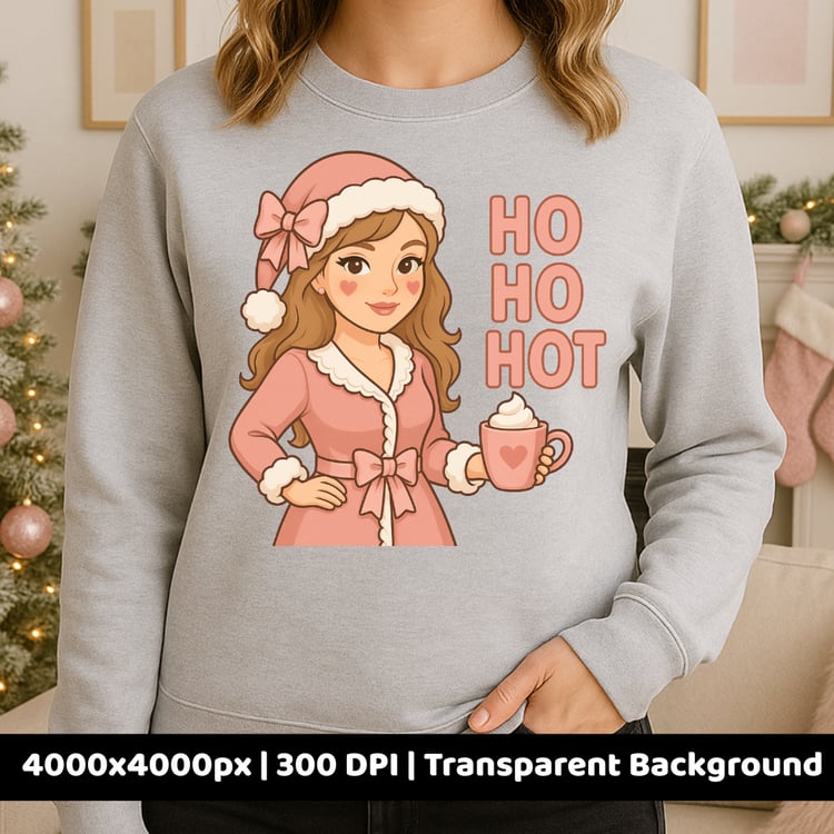 Croquette Christmas girl PNG on light gray sweatshirt – sublimation design featuring pink holiday outfit and cocoa mug, perfect for cozy winter apparel