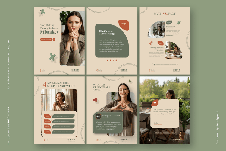 Preview displaying four square Instagram Post templates for Coaches. The set includes a personal check-in, free workshop announcement, program feature, and a question/poll, all compatible with Canva and Figma.