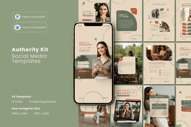 Main preview image for "The Authority Kit". Displays 12 elegant, earth-toned social media templates for Canva and Figma. Features Instagram posts like carousels, testimonials, and webinar announcements, with Figma and Canva compatibility badges.
